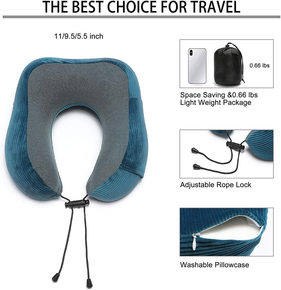 Ultimate 360-Degree Memory Foam Neck Pillow - Lightweight & Comfortable Travel Companion with Storage Bag for Airplane, Car, Train, and Home Use (Blue)