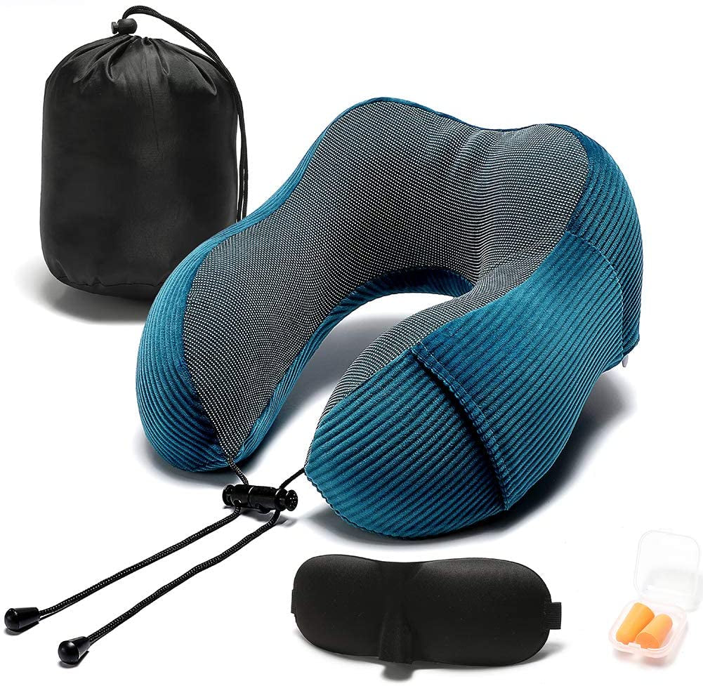 Ultimate 360-Degree Memory Foam Neck Pillow - Lightweight & Comfortable Travel Companion with Storage Bag for Airplane, Car, Train, and Home Use (Blue)
