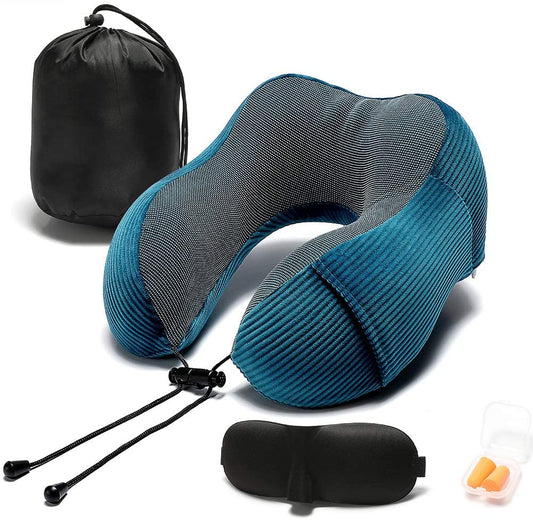 Ultimate 360-Degree Memory Foam Neck Pillow - Lightweight & Comfortable Travel Companion with Storage Bag for Airplane, Car, Train, and Home Use (Blue)
