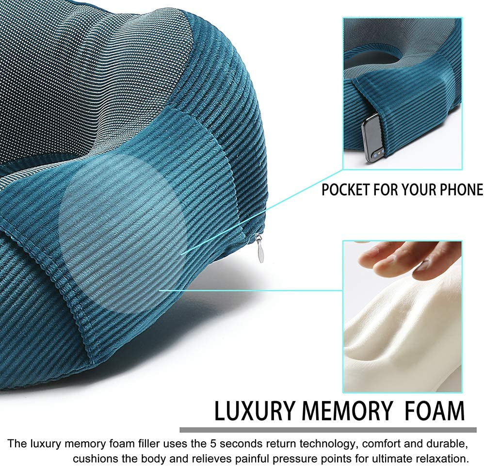 Ultimate 360-Degree Memory Foam Neck Pillow - Lightweight & Comfortable Travel Companion with Storage Bag for Airplane, Car, Train, and Home Use (Blue)